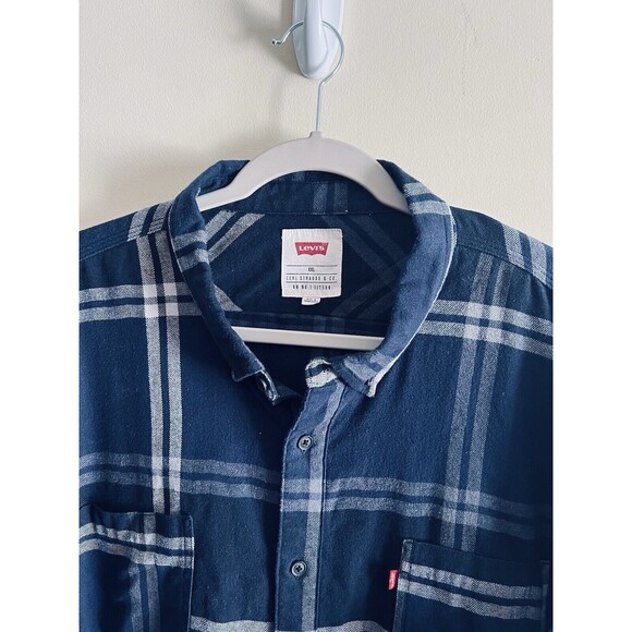 Levi’s Red Tab Navy‎ Plaid Flannel Button Down Long Sleeve Shirt Size XXL - Picture 2 of 3